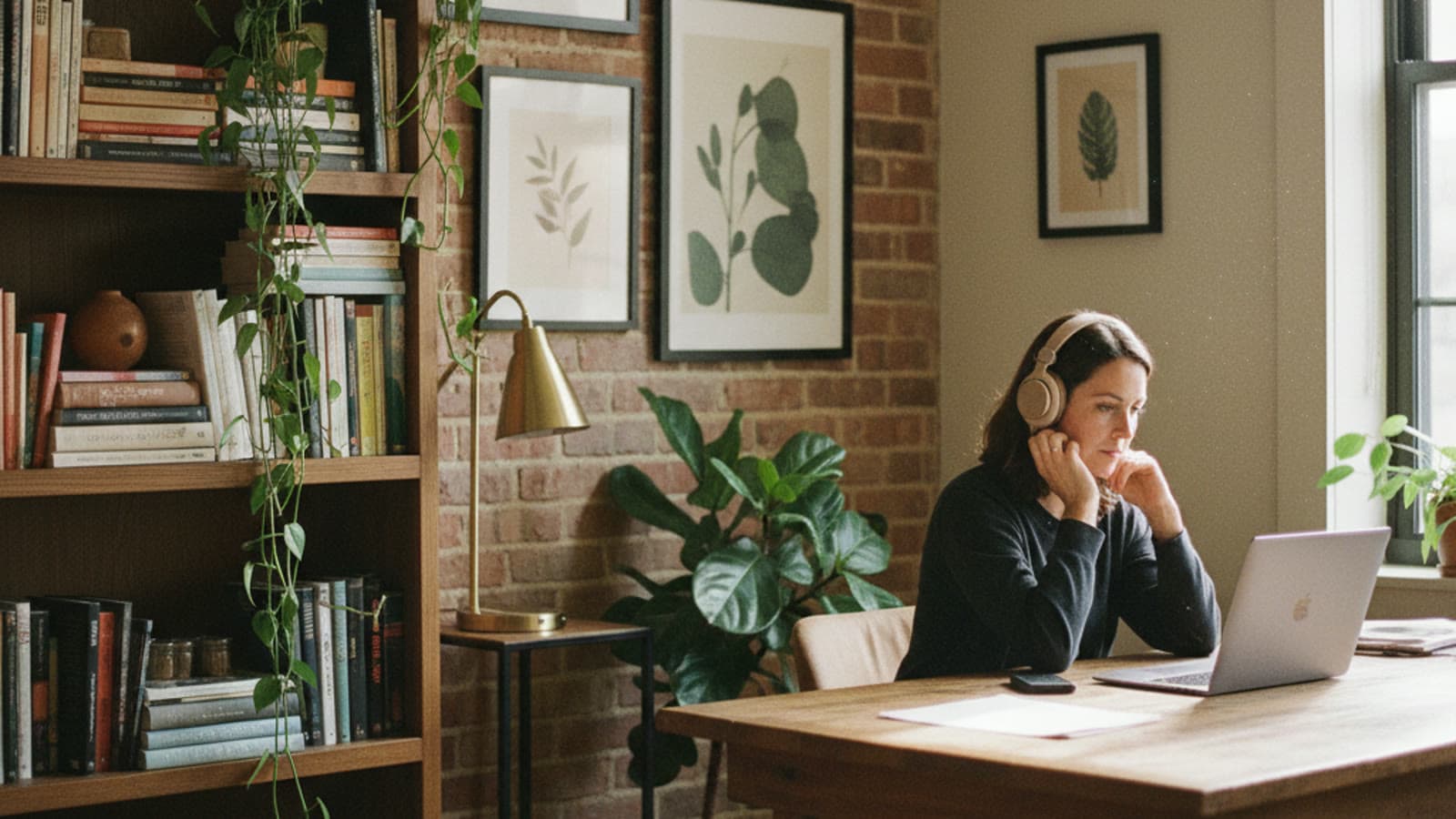 A researcher engaged in a remote interview in a bright modern office