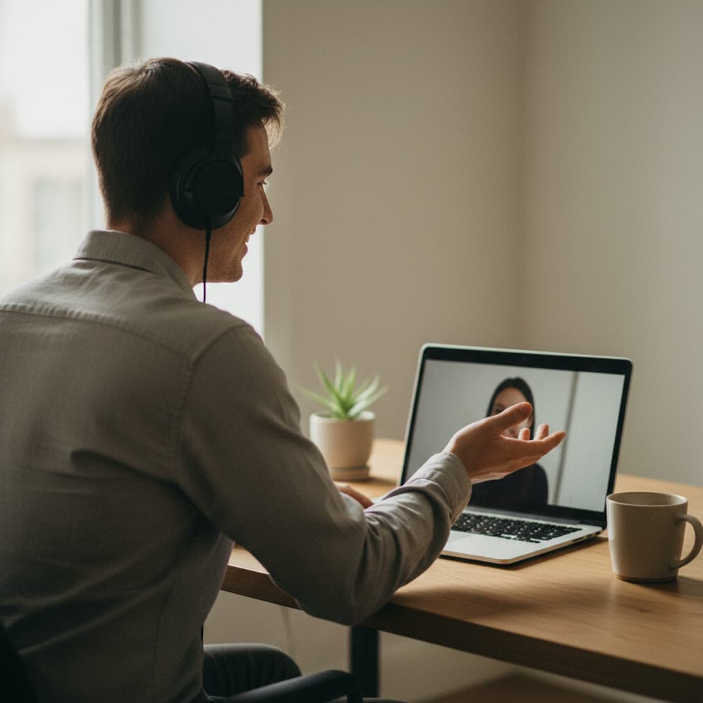 A researcher listening and talking during a remote interview
